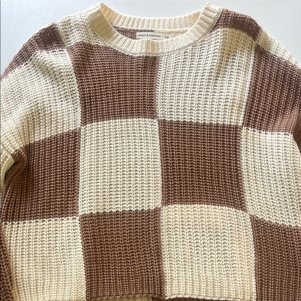Brown and Cream Checkered Sweater